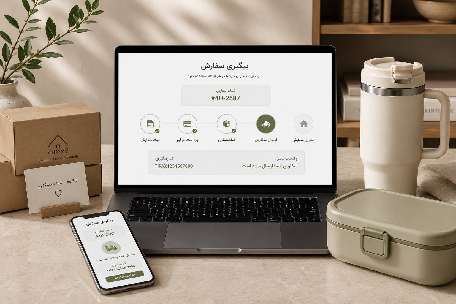 پیگیری سفارش در فروشگاه اینترنتی 4Home؛ مشاهده وضعیت ارسال تراول ماگ، لانچ باکس و ظروف پذیرایی